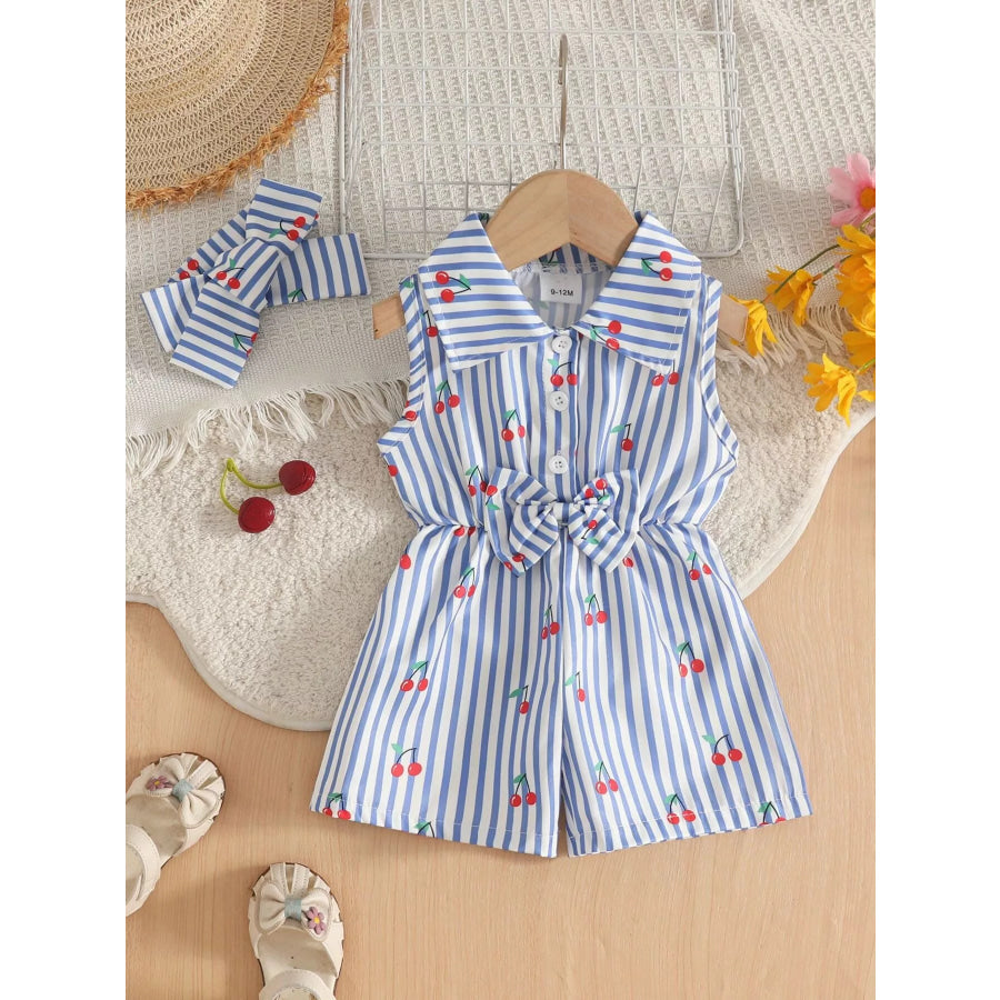 Children’s Cherry Print Striped Sleeveless Romper with Headband Light Blue / 6-9M Apparel and Accessories