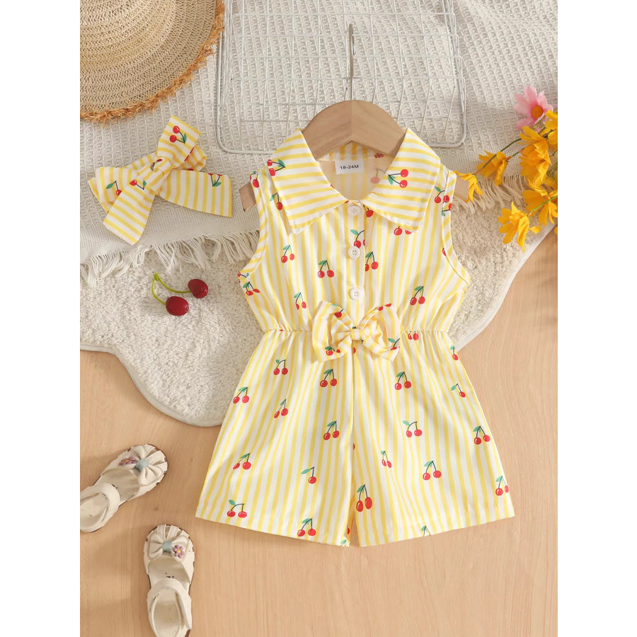 Children’s Cherry Print Striped Sleeveless Romper with Headband Yellow / 6-9M Apparel and Accessories