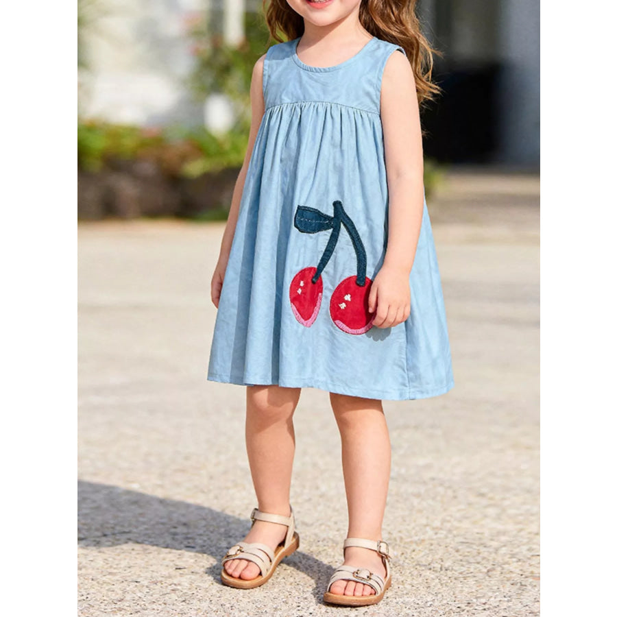Children’s Cherry Sleeveless Casual Dress Light Blue / 2Y Apparel and Accessories
