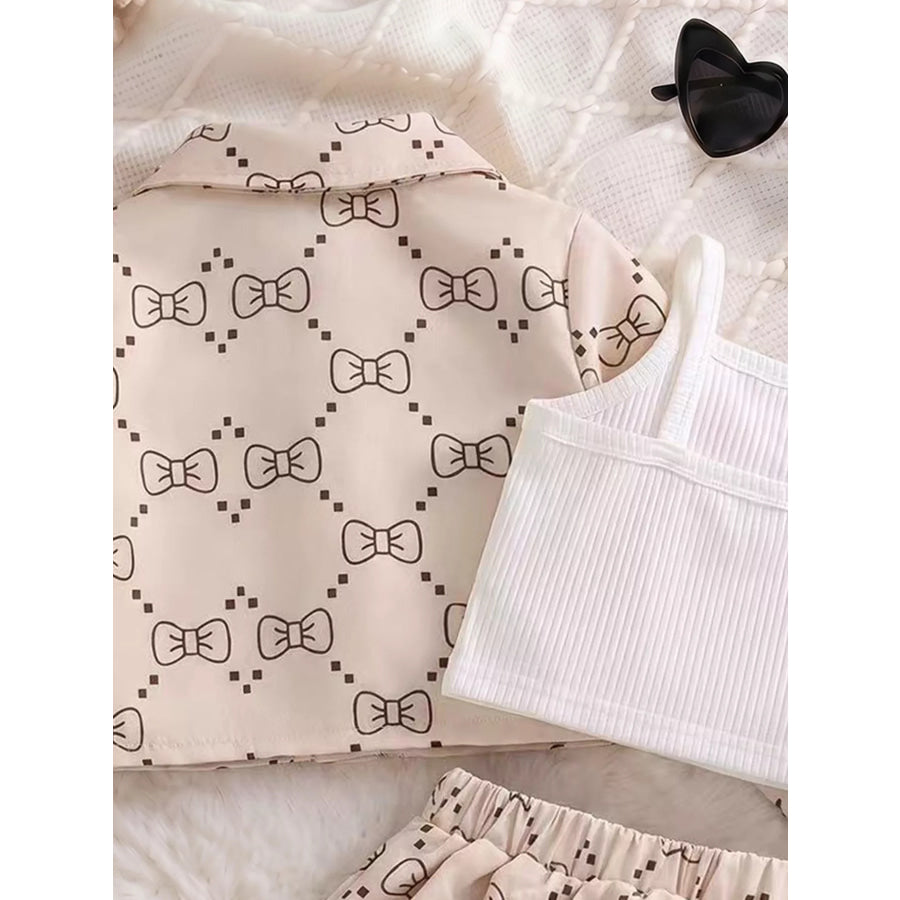 Children’s Chic Bow-Print Jacket and Pleated Skirt Set with Ribbed Tank Apparel Accessories