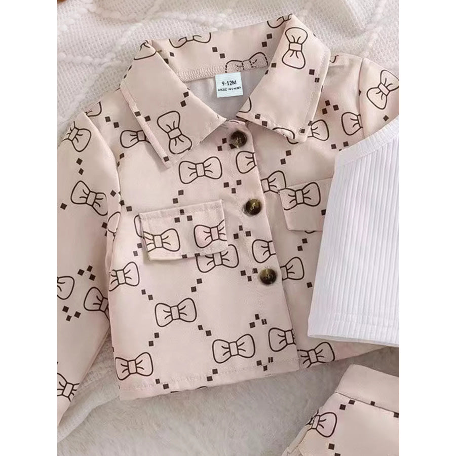 Children’s Chic Bow-Print Jacket and Pleated Skirt Set with Ribbed Tank Khaki Color / 3-6M Apparel Accessories