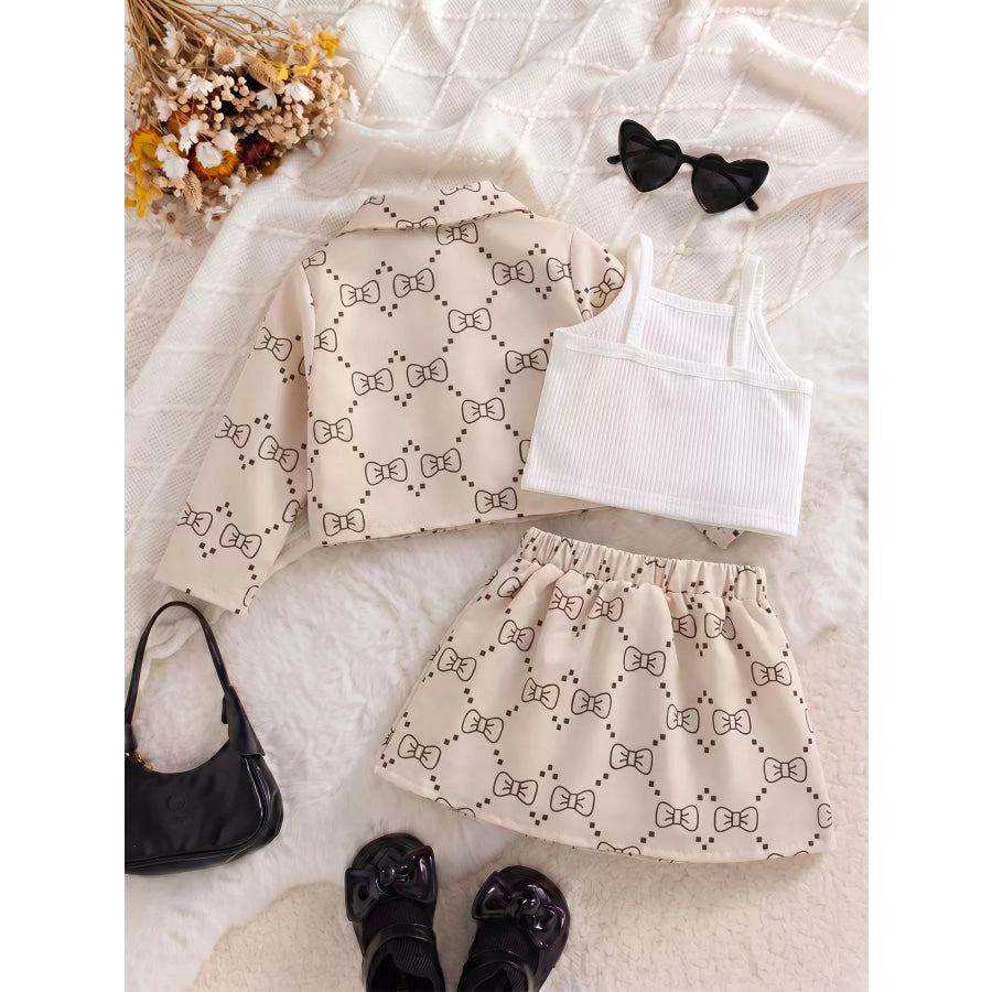 Children’s Chic Bow-Print Jacket and Pleated Skirt Set with Ribbed Tank Apparel Accessories