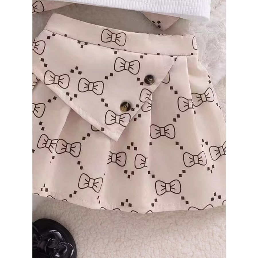 Children’s Chic Bow-Print Jacket and Pleated Skirt Set with Ribbed Tank Apparel Accessories