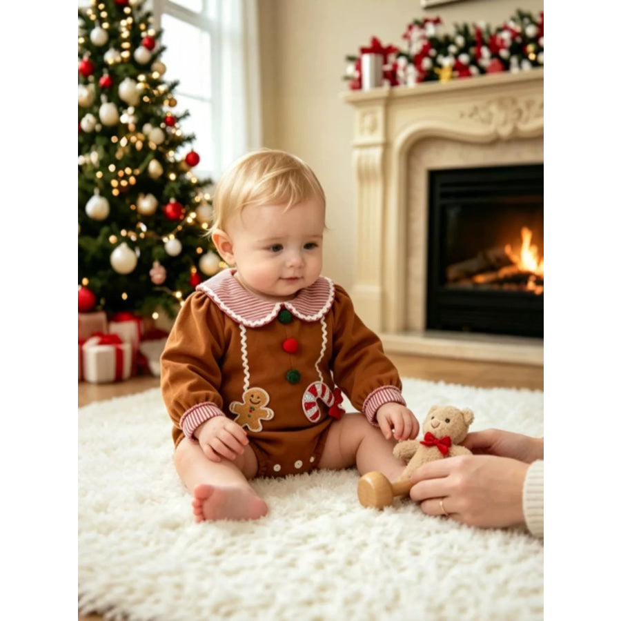 Children’s Christmas Gingerbread Long-Sleeve Baby One-Piece Brown / 0-3M Apparel and Accessories