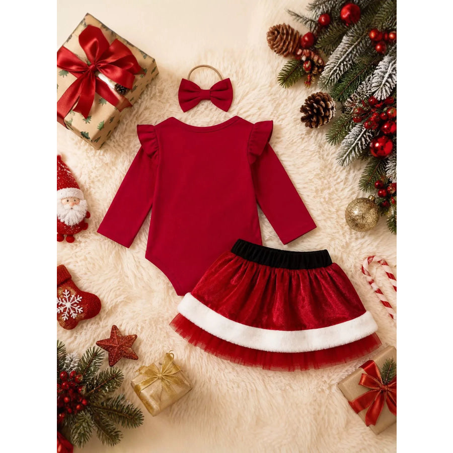 Children’s Christmas Long Sleeve Bodysuit and Skirt Set with Bow Headband Apparel and Accessories