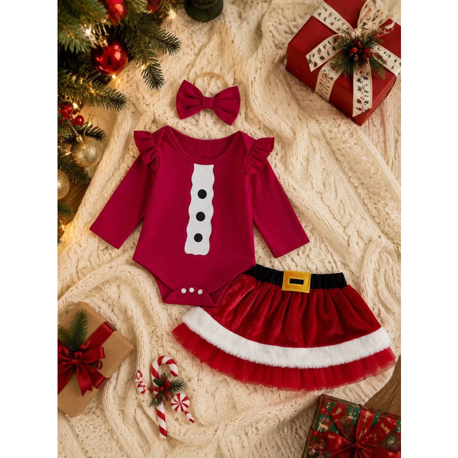 Children’s Christmas Long Sleeve Bodysuit and Skirt Set with Bow Headband Apparel and Accessories