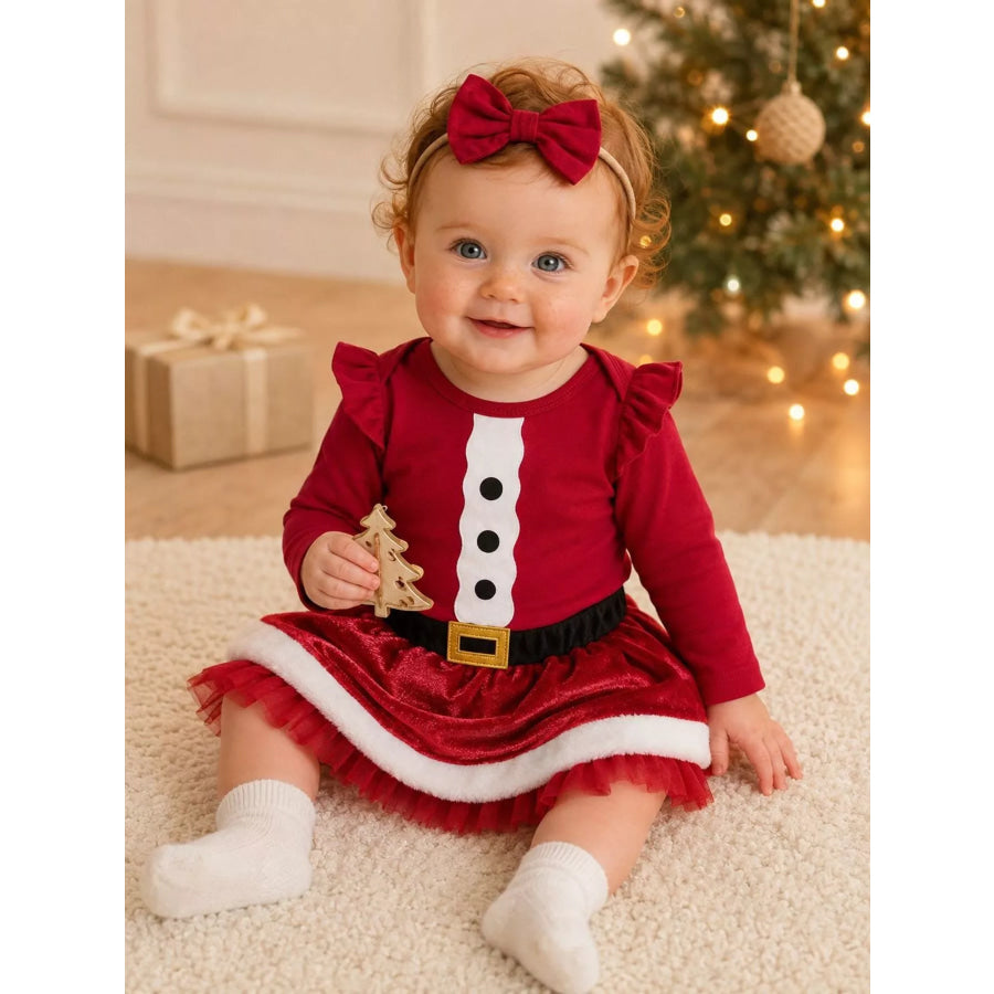 Children’s Christmas Long Sleeve Bodysuit and Skirt Set with Bow Headband Wine Red / 0-3M Apparel and Accessories