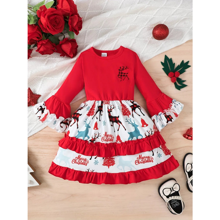 Children’s Christmas Reindeer Print Ruffle Hem Long Sleeve Dress Apparel and Accessories