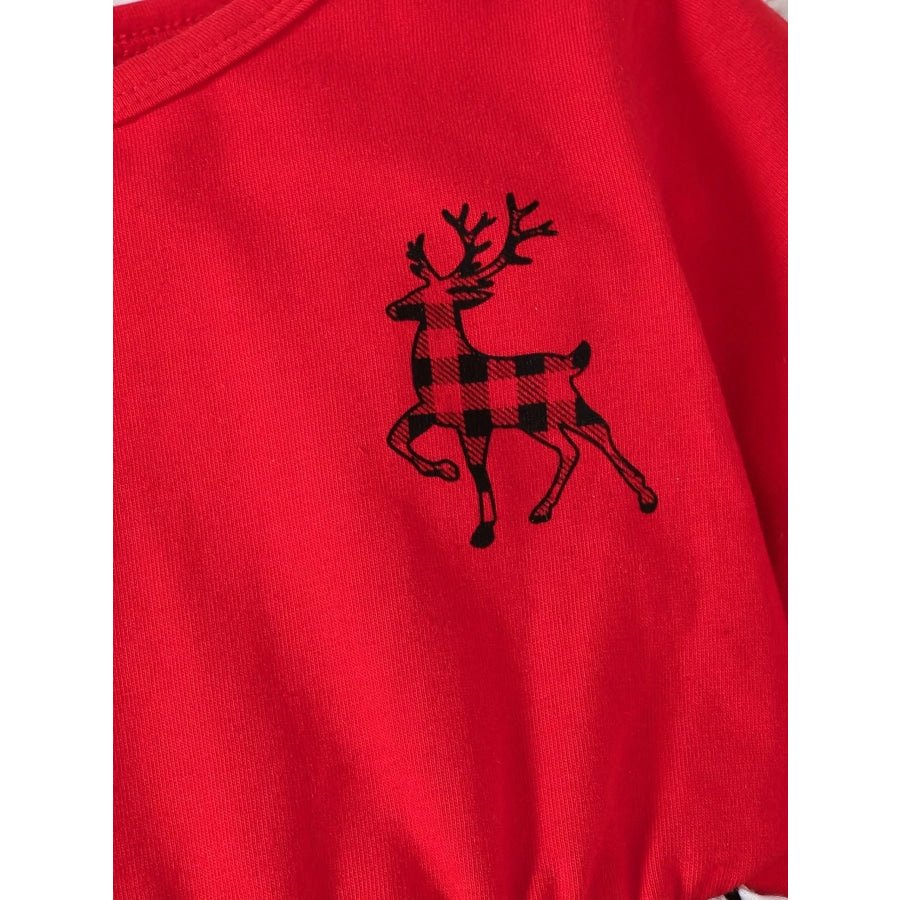 Children’s Christmas Reindeer Print Ruffle Hem Long Sleeve Dress Apparel and Accessories