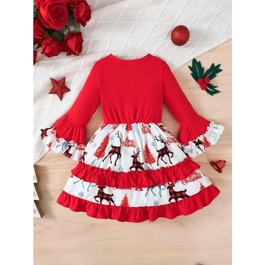Children’s Christmas Reindeer Print Ruffle Hem Long Sleeve Dress Apparel and Accessories