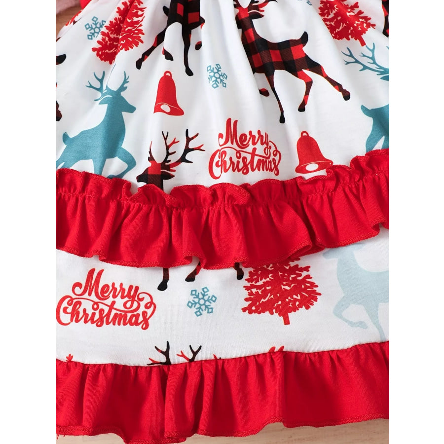 Children’s Christmas Reindeer Print Ruffle Hem Long Sleeve Dress Apparel and Accessories