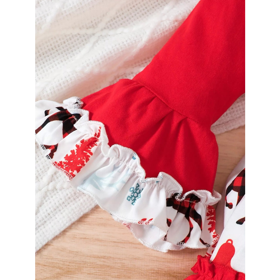 Children’s Christmas Reindeer Print Ruffle Hem Long Sleeve Dress Apparel and Accessories