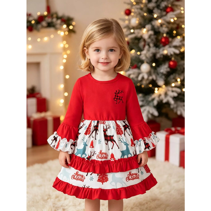 Children’s Christmas Reindeer Print Ruffle Hem Long Sleeve Dress Red / 12-18M Apparel and Accessories