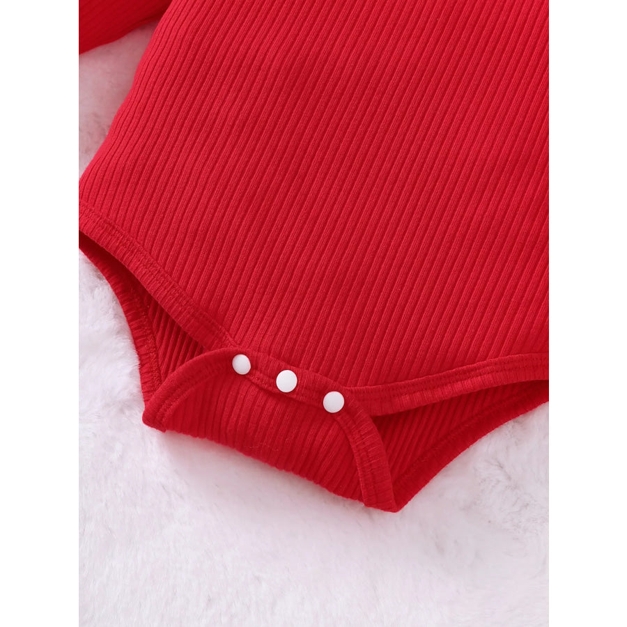 Children’s Christmas Ribbed Bodysuit and Santa Print Suspender Skirt Set with Headband Apparel Accessories