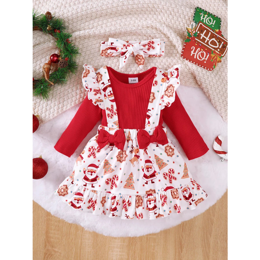 Children’s Christmas Ribbed Bodysuit and Santa Print Suspender Skirt Set with Headband Red / 0-3M Apparel Accessories