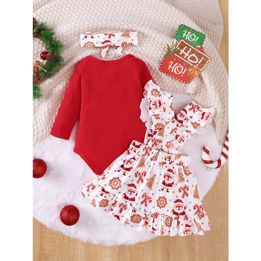 Children’s Christmas Ribbed Bodysuit and Santa Print Suspender Skirt Set with Headband Apparel Accessories