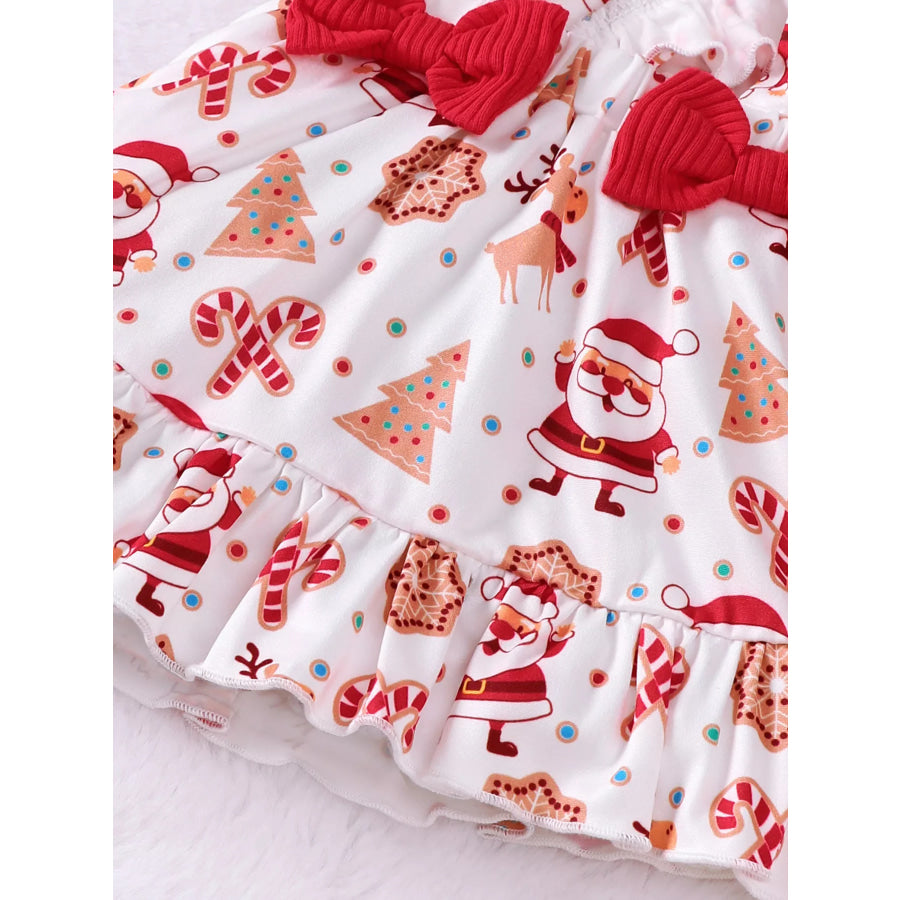 Children’s Christmas Ribbed Bodysuit and Santa Print Suspender Skirt Set with Headband Apparel Accessories