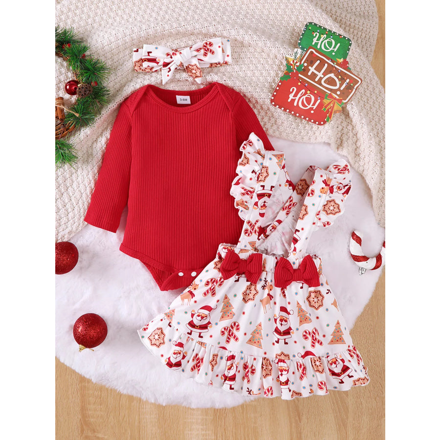 Children’s Christmas Ribbed Bodysuit and Santa Print Suspender Skirt Set with Headband Red / 0-3M Apparel Accessories