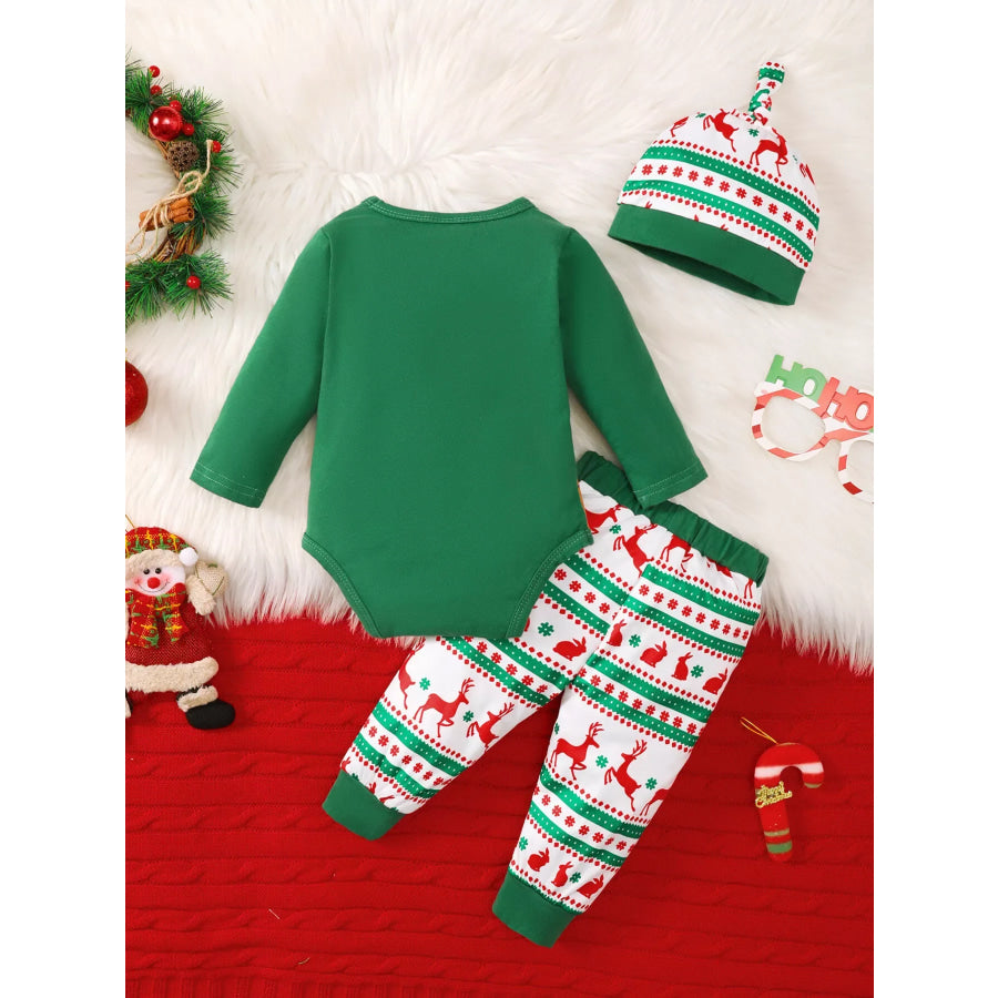 Children’s Christmas Santa and Reindeer Print Long Sleeve Bodysuit Pants Set with Hat Apparel Accessories