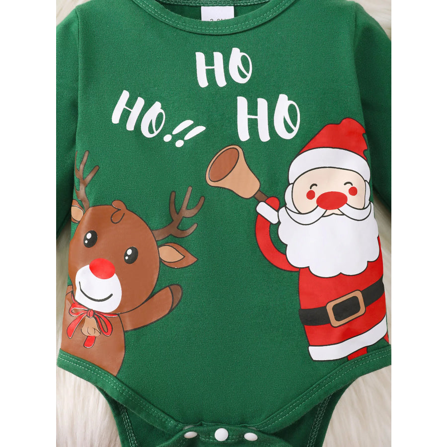 Children’s Christmas Santa and Reindeer Print Long Sleeve Bodysuit Pants Set with Hat Green / 0-3M Apparel Accessories
