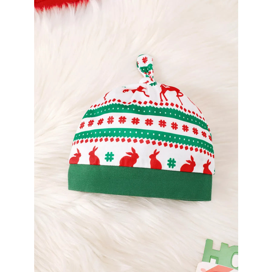 Children’s Christmas Santa and Reindeer Print Long Sleeve Bodysuit Pants Set with Hat Apparel Accessories