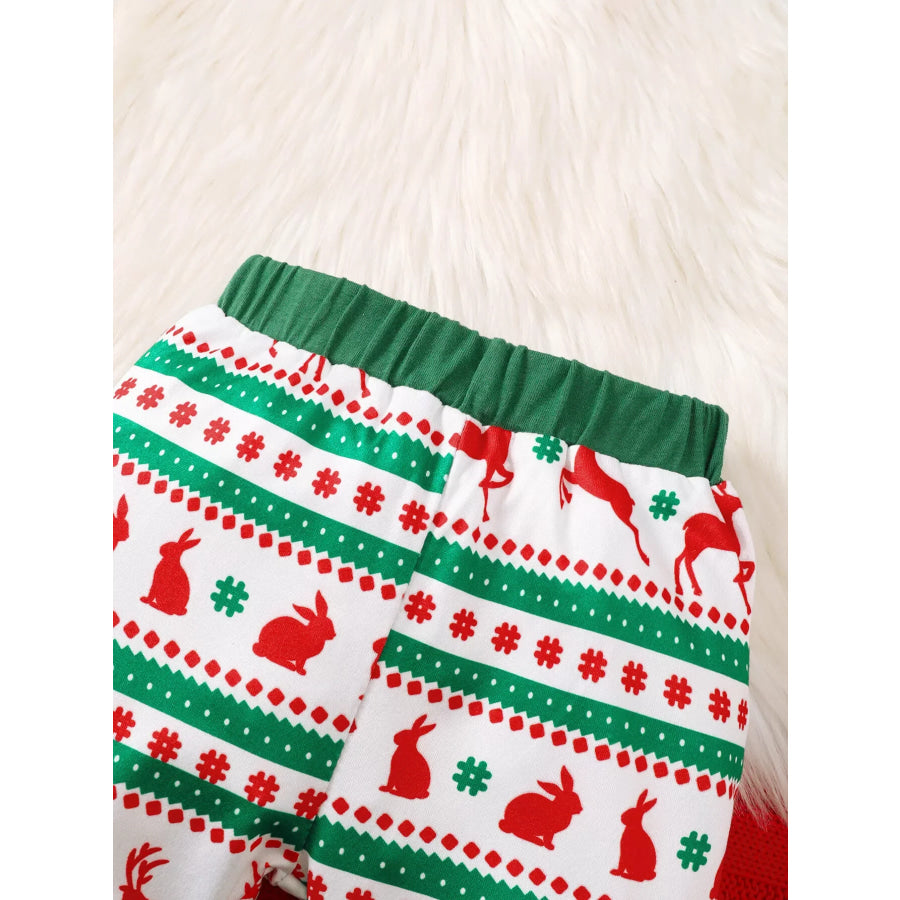 Children’s Christmas Santa and Reindeer Print Long Sleeve Bodysuit Pants Set with Hat Apparel Accessories