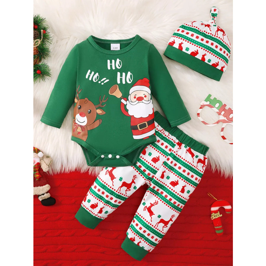 Children’s Christmas Santa and Reindeer Print Long Sleeve Bodysuit Pants Set with Hat Green / 0-3M Apparel Accessories