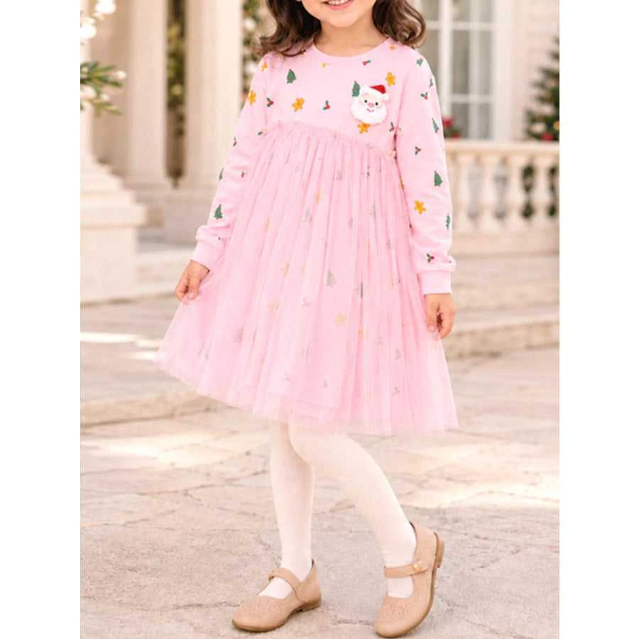 Children’s Christmas Santa Claus Tulle Long-Sleeve Dress Blush Pink / 2Y Apparel and Accessories