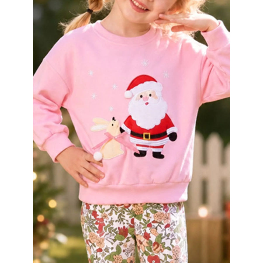 Children’s Christmas Santa Graphic Sweatshirt and Floral Flare Pants Set Blush Pink / 2Y Apparel and Accessories