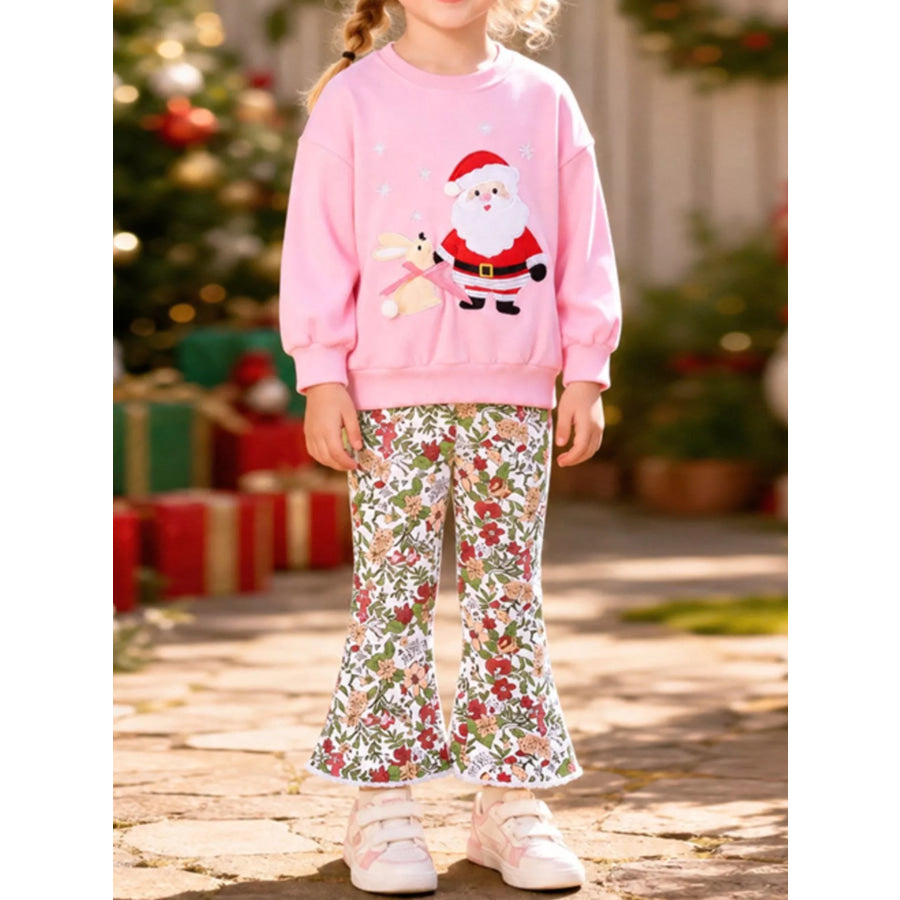Children’s Christmas Santa Graphic Sweatshirt and Floral Flare Pants Set Blush Pink / 2Y Apparel and Accessories