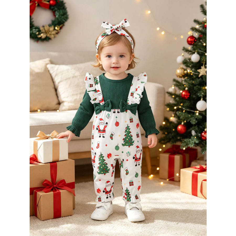 Children’s Christmas Santa Print Ruffle Trim Jumpsuit Set with Headband Apparel and Accessories
