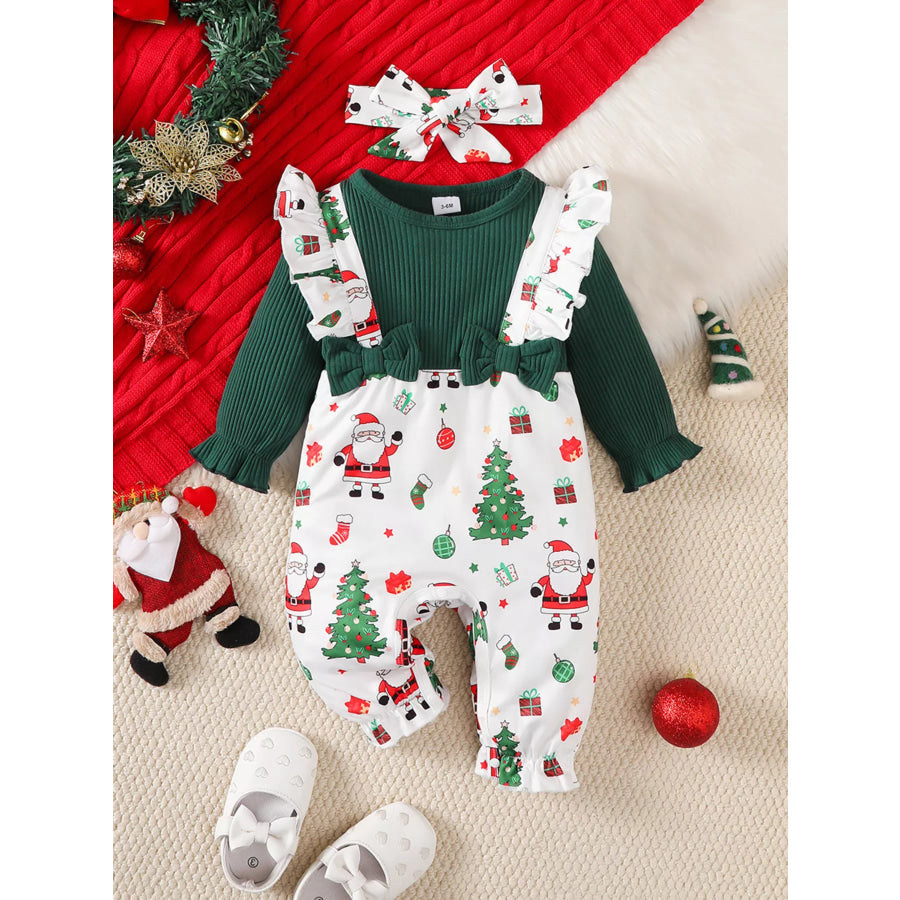 Children’s Christmas Santa Print Ruffle Trim Jumpsuit Set with Headband Apparel and Accessories