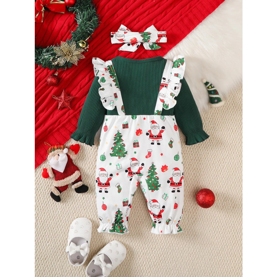 Children’s Christmas Santa Print Ruffle Trim Jumpsuit Set with Headband Apparel and Accessories