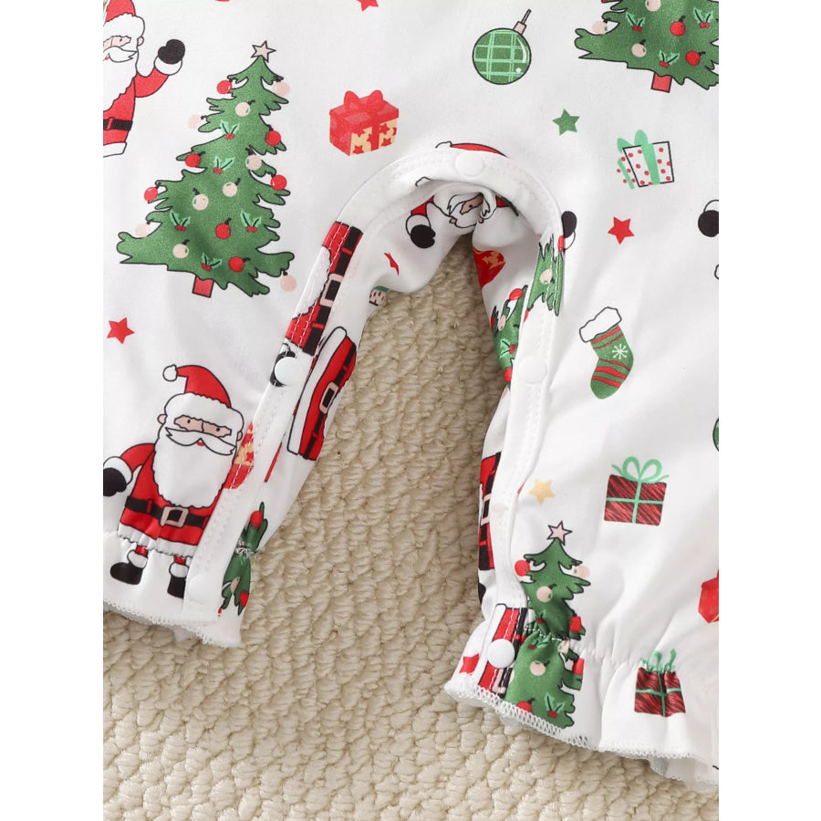 Children’s Christmas Santa Print Ruffle Trim Jumpsuit Set with Headband Apparel and Accessories