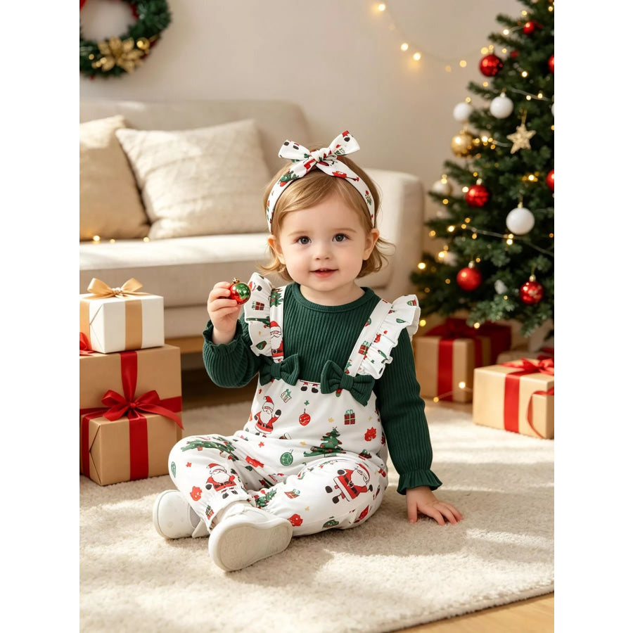 Children’s Christmas Santa Print Ruffle Trim Jumpsuit Set with Headband Green / 1-3M Apparel and Accessories