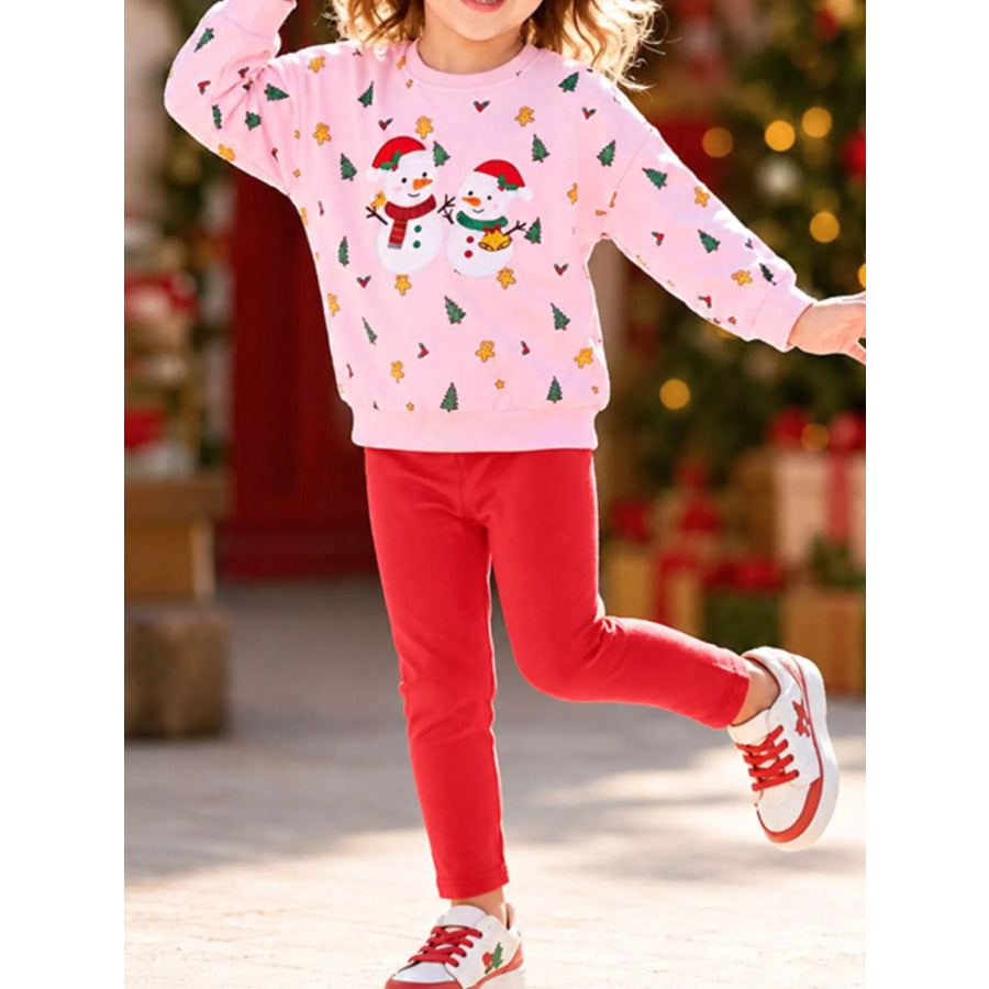 Children’s Christmas Snowman Sweatshirt and Leggings Two-Piece Set Blush Pink / 2Y Apparel and Accessories