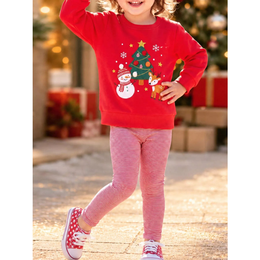 Children’s Christmas Themed Sweatshirt and Striped Leggings Set Red / 2Y Apparel and Accessories