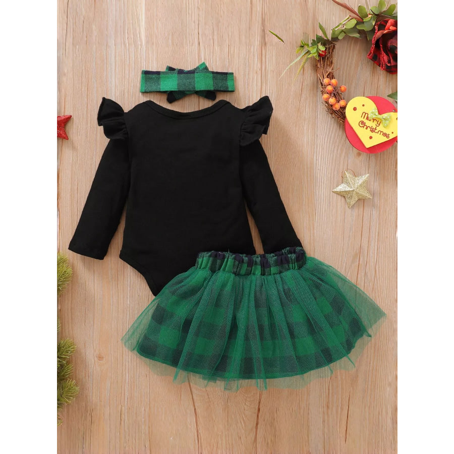 Children’s Christmas Themed Top and Plaid Tutu Skirt Set with Headband Apparel Accessories