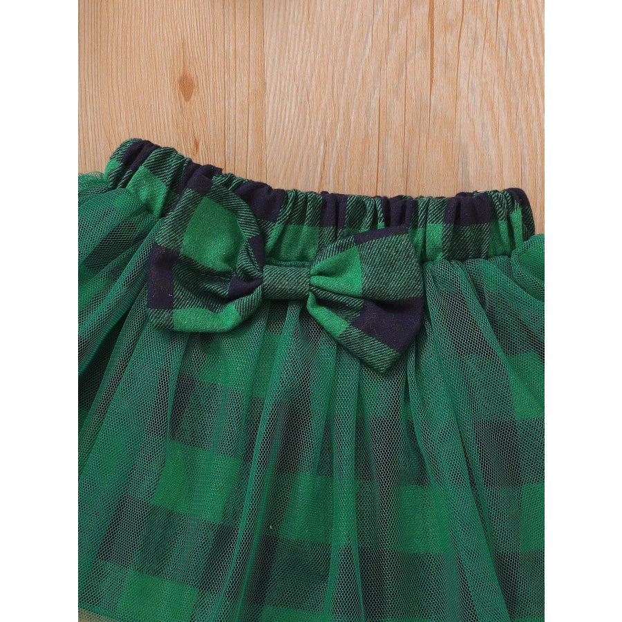 Children’s Christmas Themed Top and Plaid Tutu Skirt Set with Headband Apparel Accessories