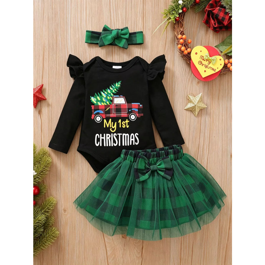 Children’s Christmas Themed Top and Plaid Tutu Skirt Set with Headband Green / 0-3M Apparel Accessories