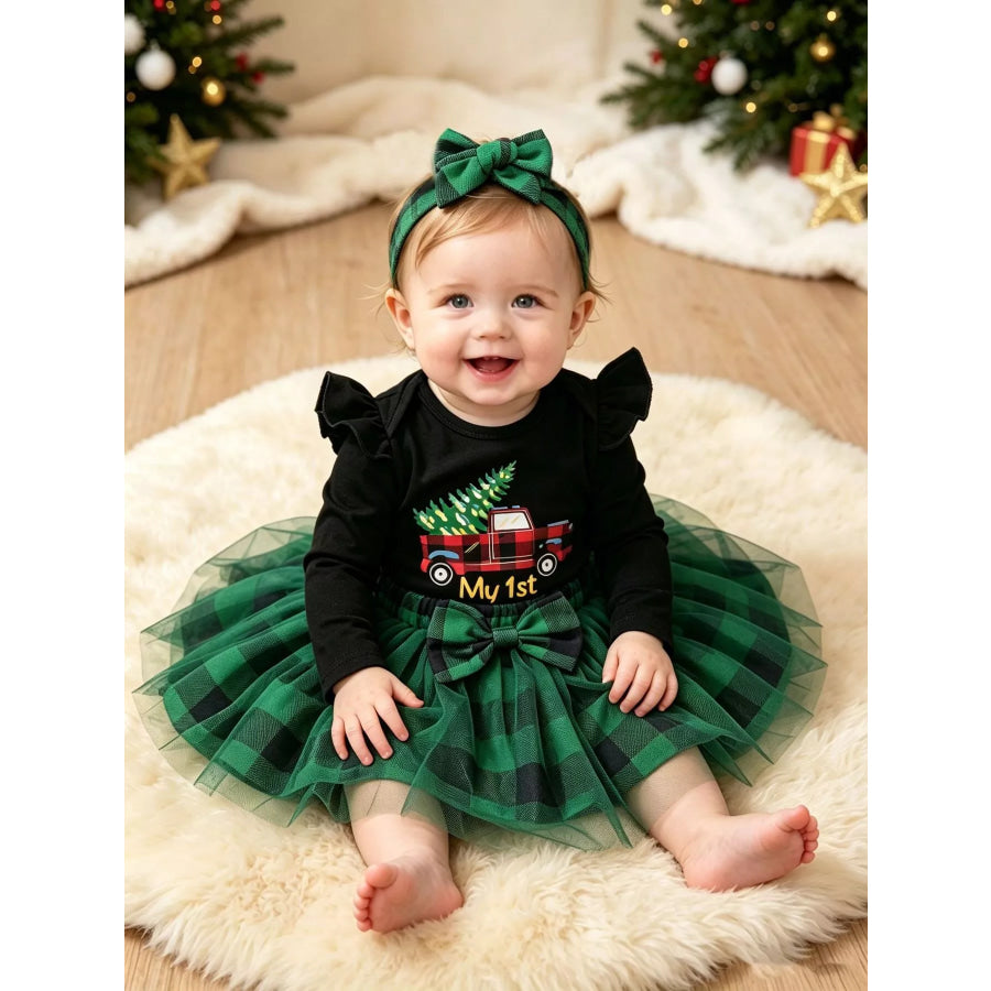 Children’s Christmas Themed Top and Plaid Tutu Skirt Set with Headband Green / 0-3M Apparel Accessories