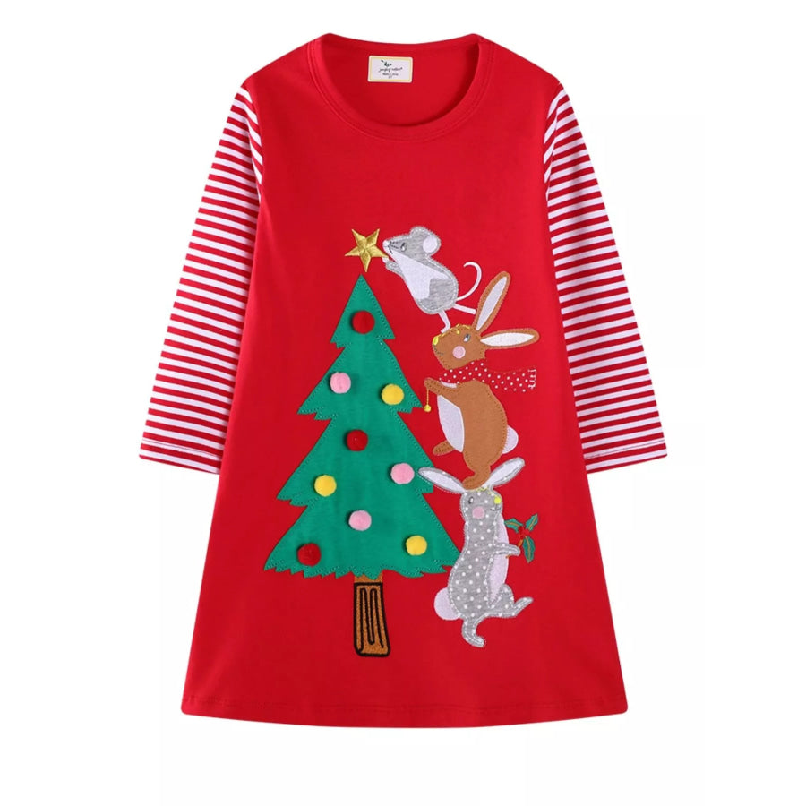 Children’s Christmas Tree Animal Long Sleeve Dress Red / 2T Apparel and Accessories