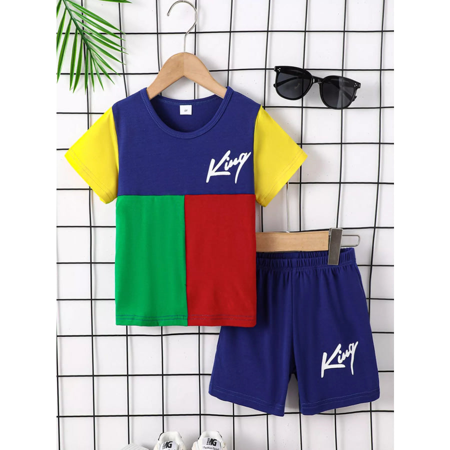 Children’s Color Block Round Neck Tee and Shorts Set Blue / 4Y Apparel and Accessories