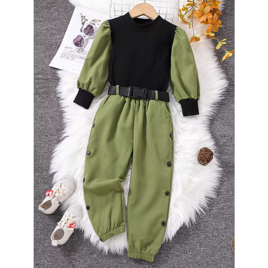 Children’s Color Block Top and Pants Set Army Green / 3T Apparel and Accessories