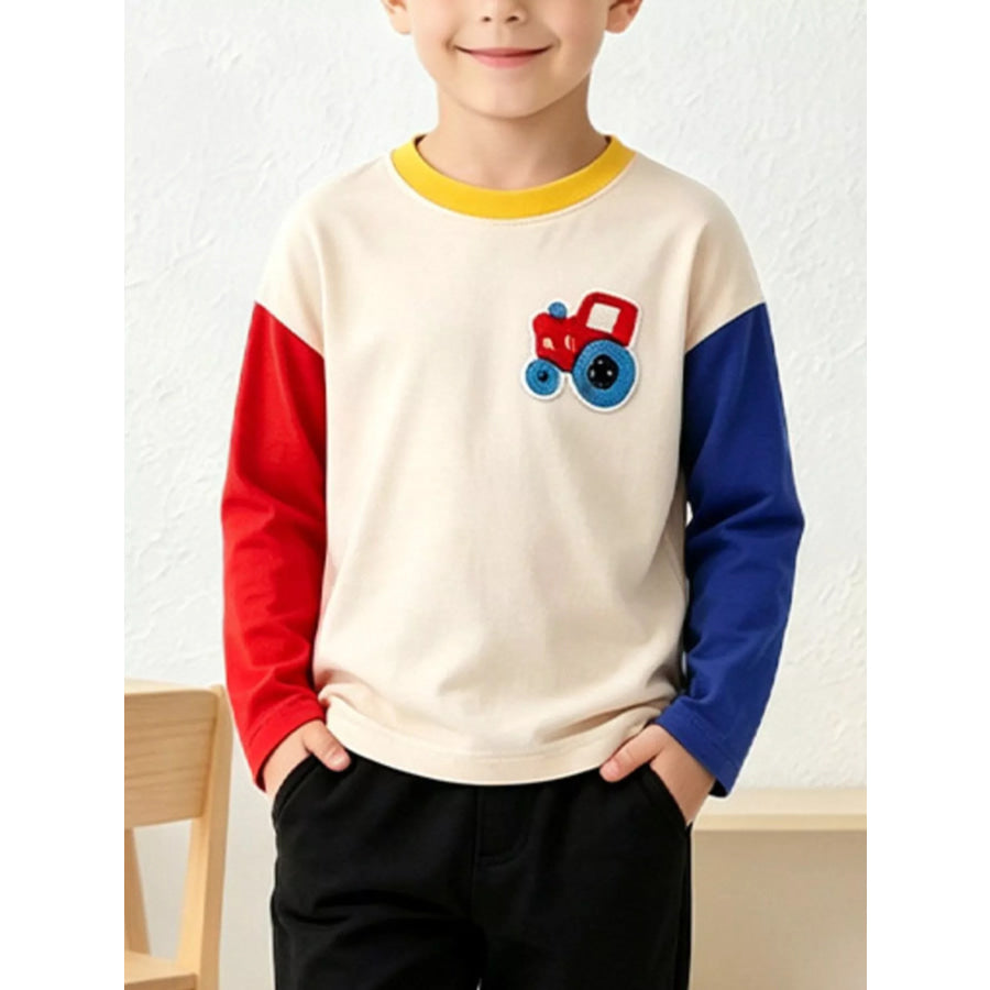 Children’s Color-Block Tractor Applique Crewneck Sweatshirt Cream / 2Y Apparel and Accessories