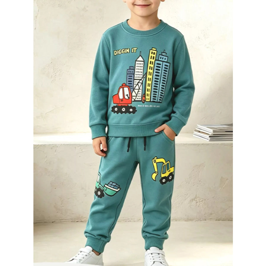 Children’s Construction Theme Graphic Sweatshirt and Jogger Set Air Force Blue / 2Y Apparel Accessories