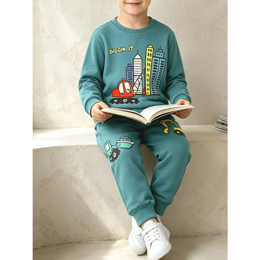 Children’s Construction Theme Graphic Sweatshirt and Jogger Set Apparel Accessories