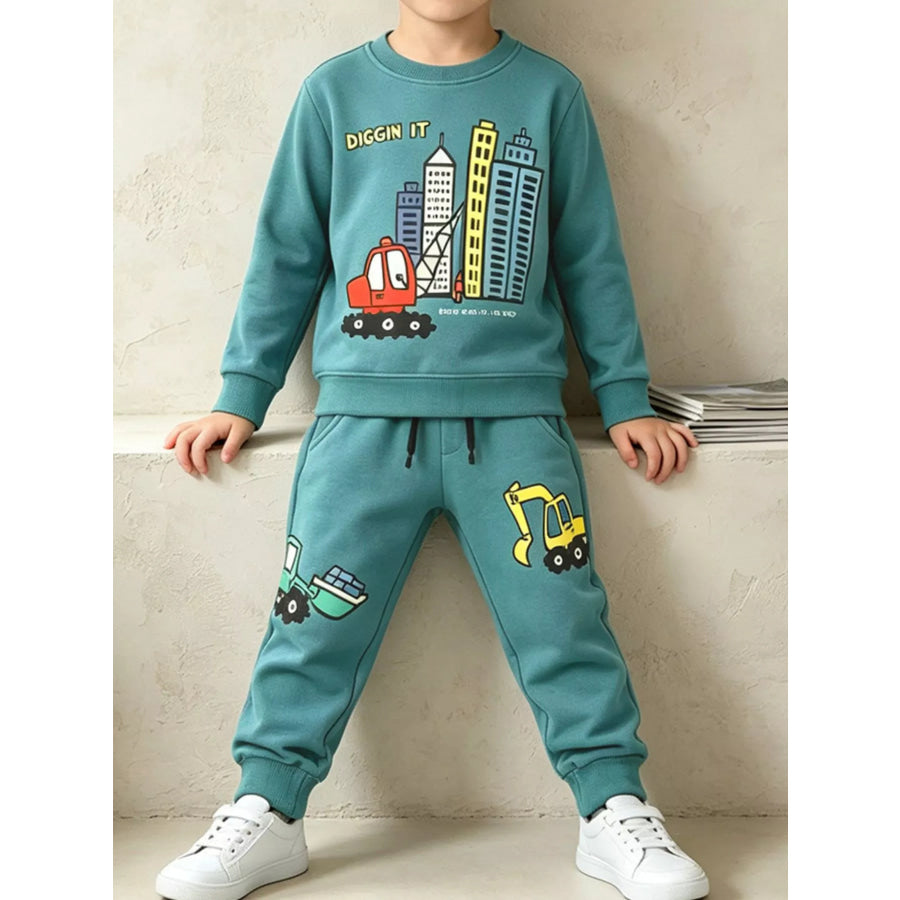 Children’s Construction Theme Graphic Sweatshirt and Jogger Set Apparel Accessories
