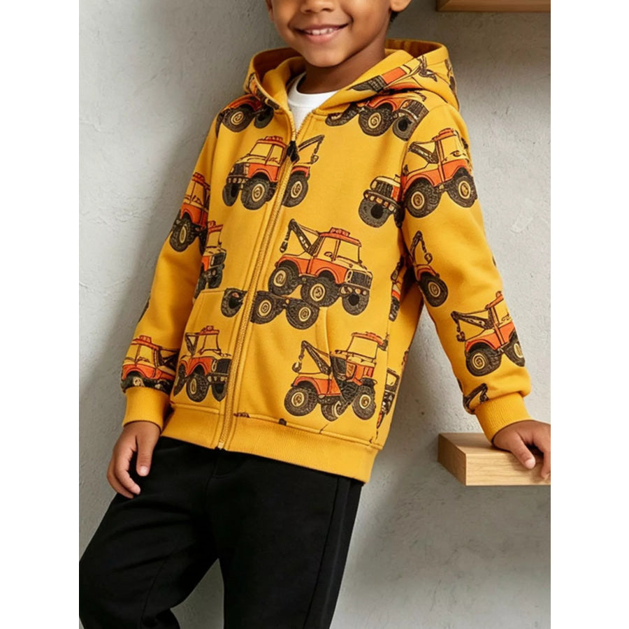 Children’s Construction Truck Print Zip-Up Jacket Mustard / 2Y Apparel and Accessories