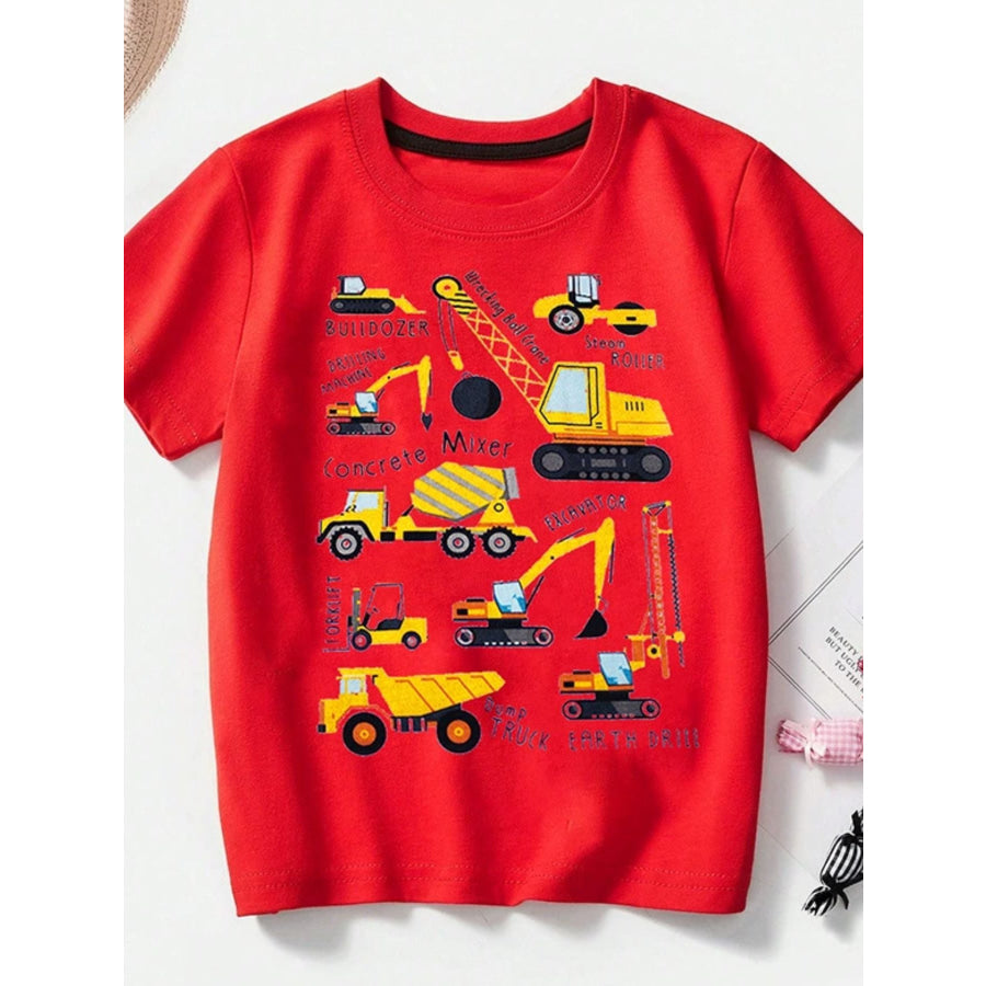 Children’s Construction Vehicle Crew Neck Short Sleeve T-Shirt Red / 2-3 Apparel and Accessories